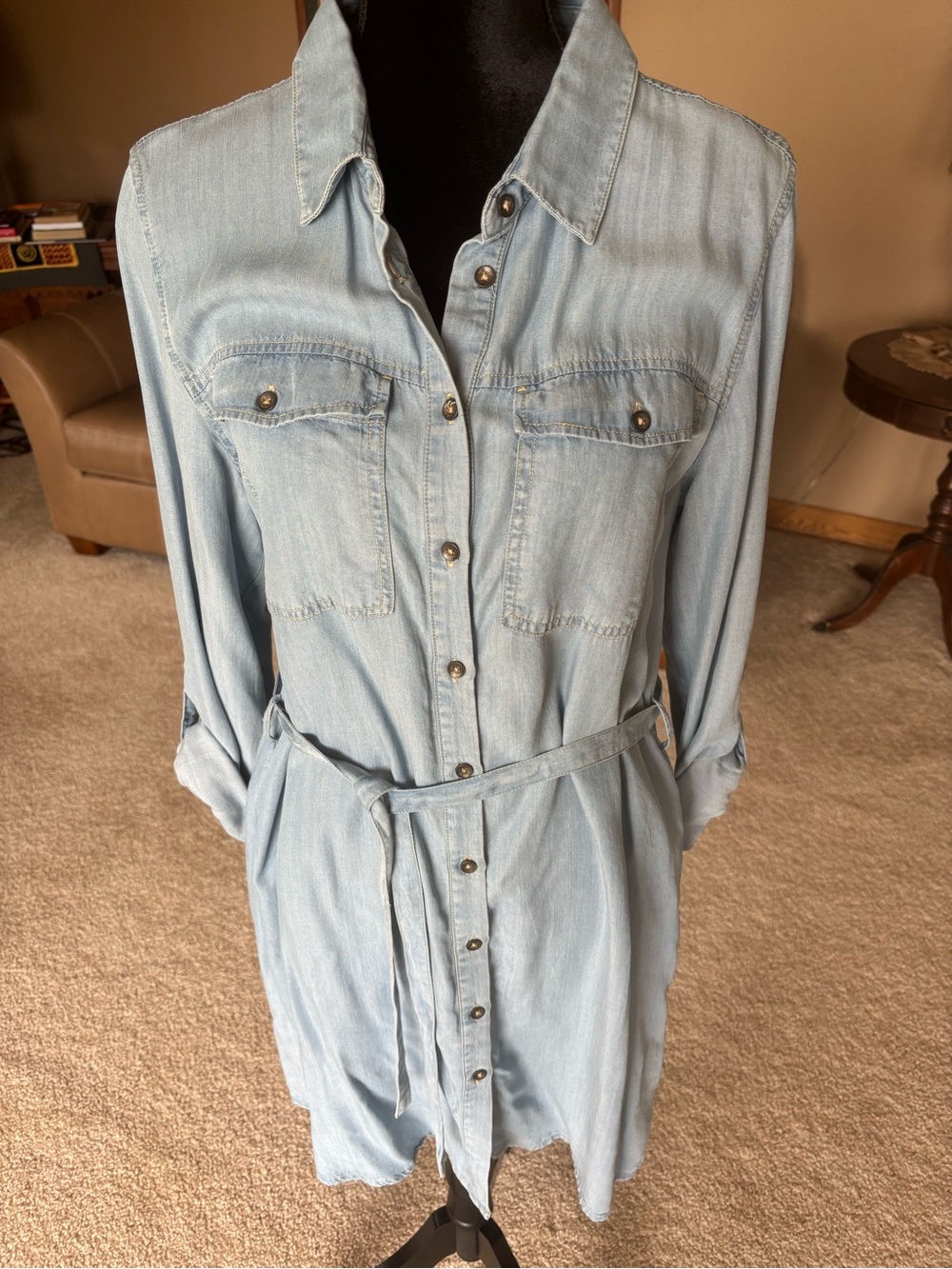 Light Wash Denim Shirt Dress with Tie Waist 10